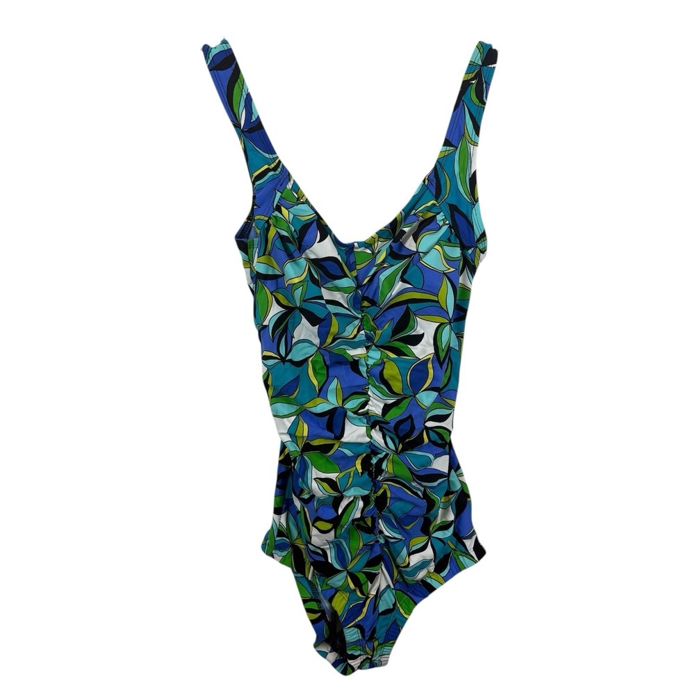 Riviera Sz 10 Geometric Blue Green 80s Vintage Floral Ruched One Piece Swimsuit